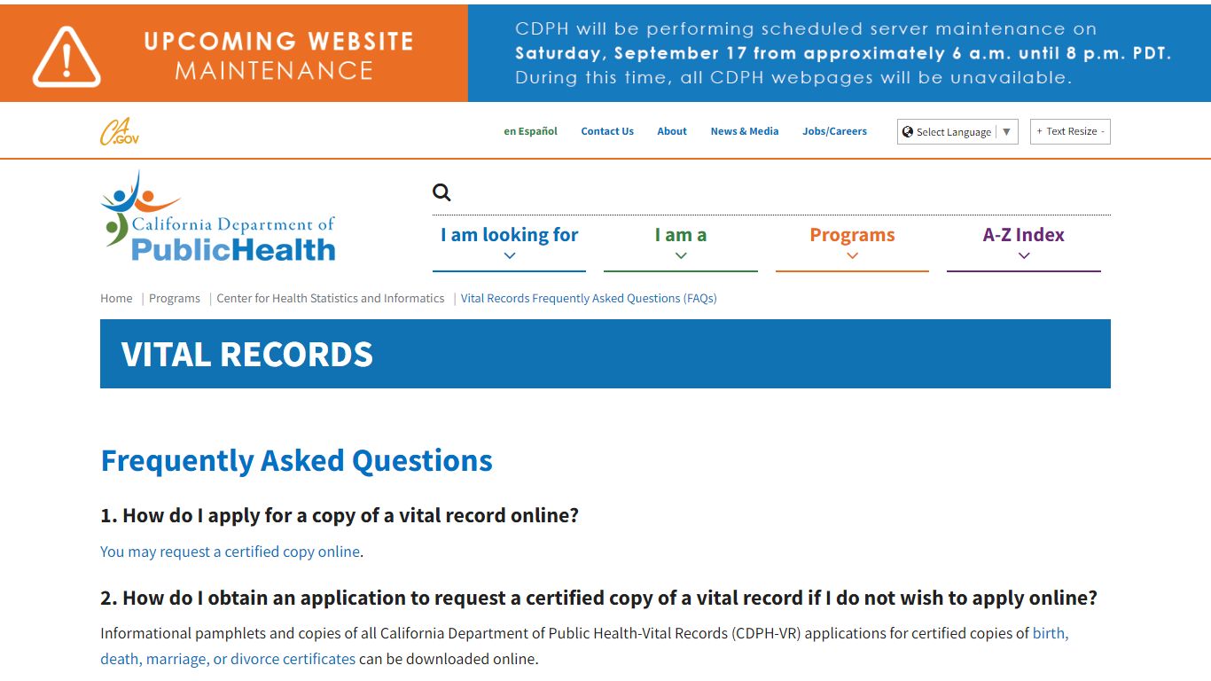 Vital Records Frequently Asked Questions (FAQs) - California